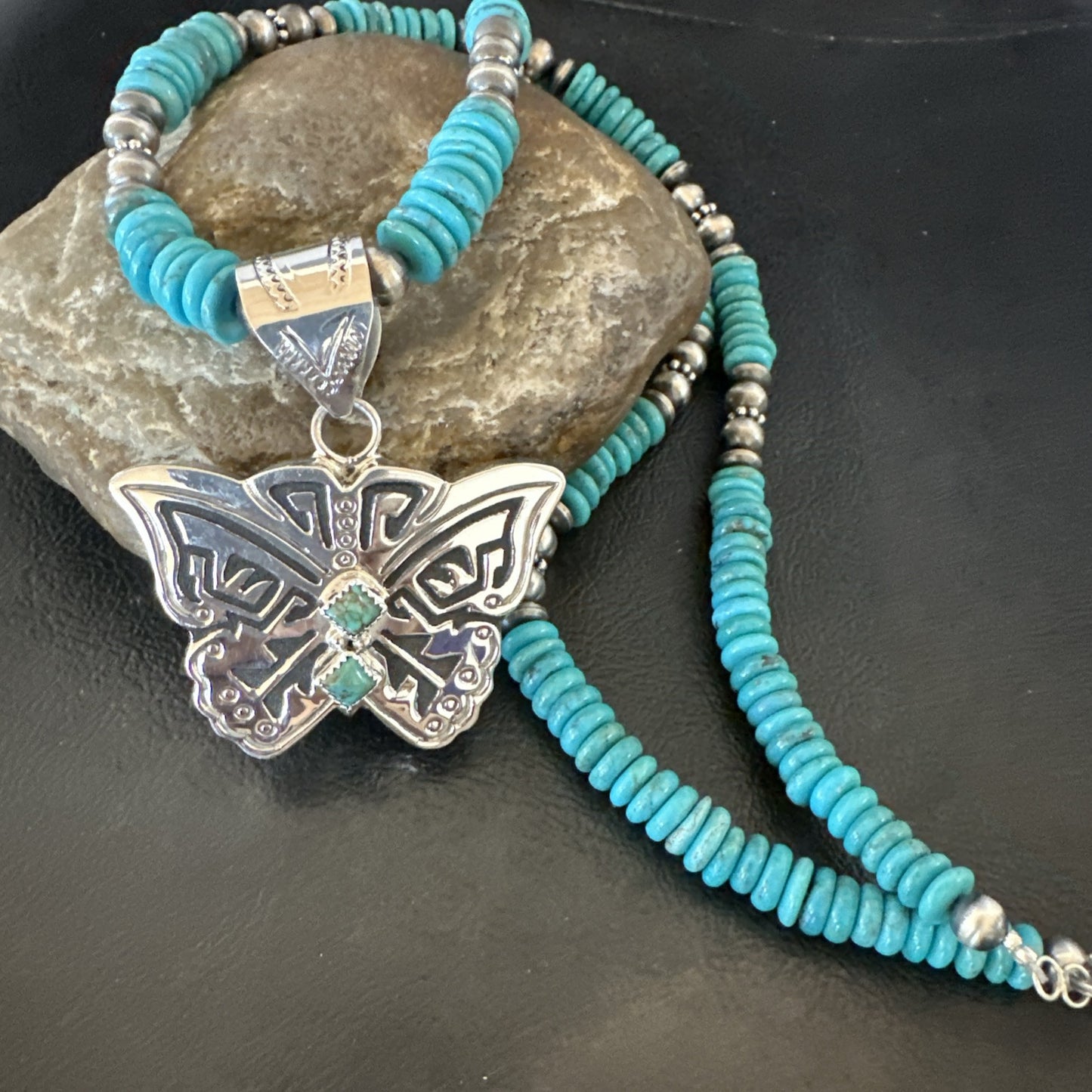 Butterfly Blue Turquoise Pendant Navajo Sterling Silver Necklace 26" 18905
