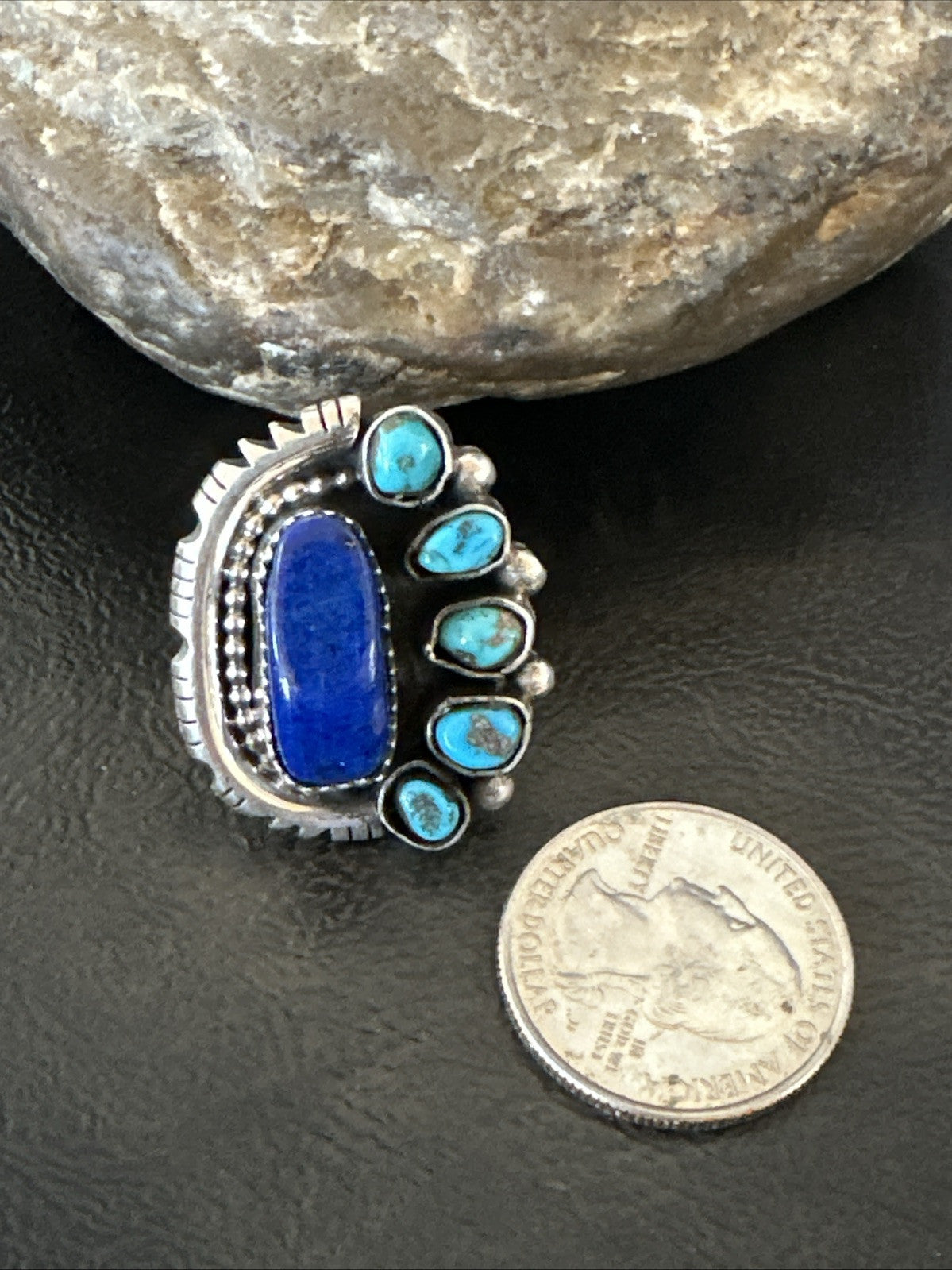 Navajo Cluster Lapis Kingman Turquoise Sterling Silver Ring Sz 9 18885