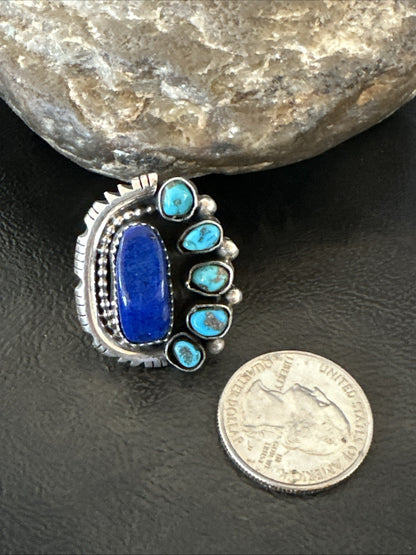 Navajo Cluster Lapis Kingman Turquoise Sterling Silver Ring Sz 9 18885