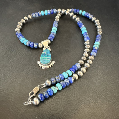 WoMens Opal Inlay Pendant Navajo Sterling Silver Blue Lapis Bead Necklace 18918