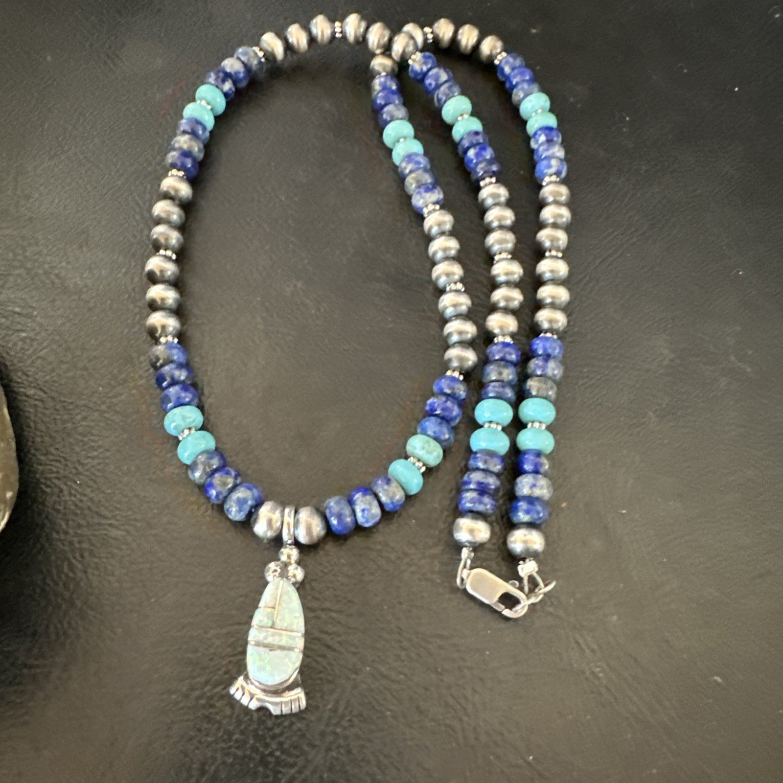 WoMens Opal Inlay Pendant Navajo Sterling Silver Blue Lapis Bead Necklace 18912