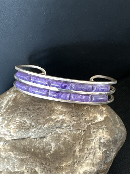 Purple Charoite Navajo Sterling Silver Inlay Cuff Bracelet 7.5" 18889