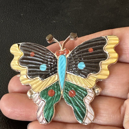 Multicolor Turquoise MOP Onyx Butterfly Sterling Silver Zuni Pin Pendant 18901
