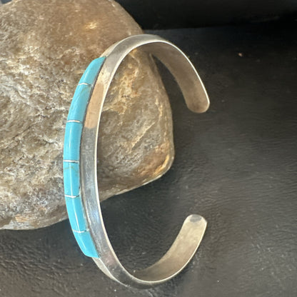 Old Pawn Blue Turquoise Navajo Sterling Silver Cuff Inlay Bracelet 18891