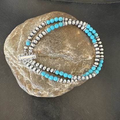 Blue Turquoise Faceted Bead Navajo Sterling Silver Beads Bracelet 7.5" 18999