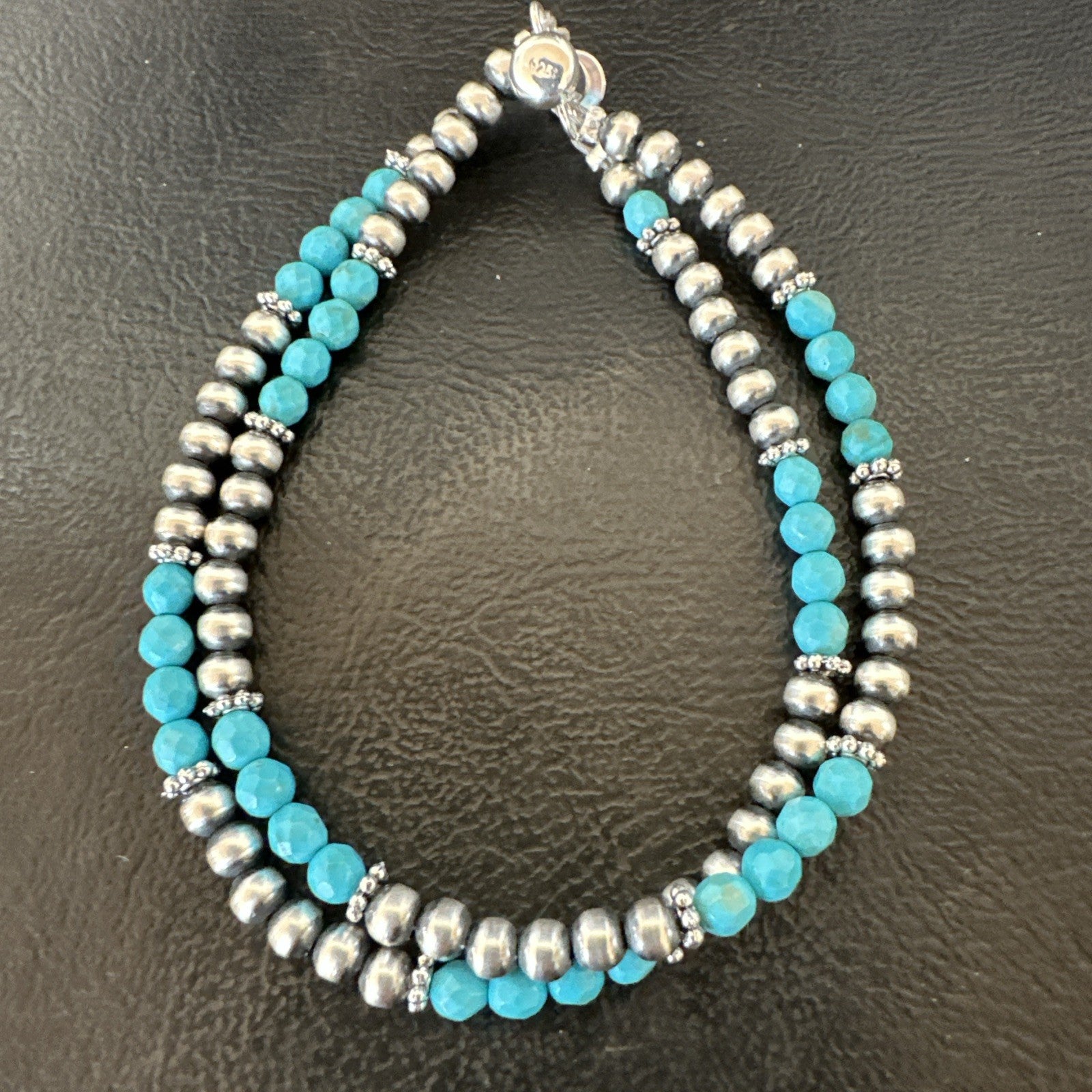 Blue Turquoise Faceted Bead Navajo Sterling Silver Beads Bracelet 7.5" 18999