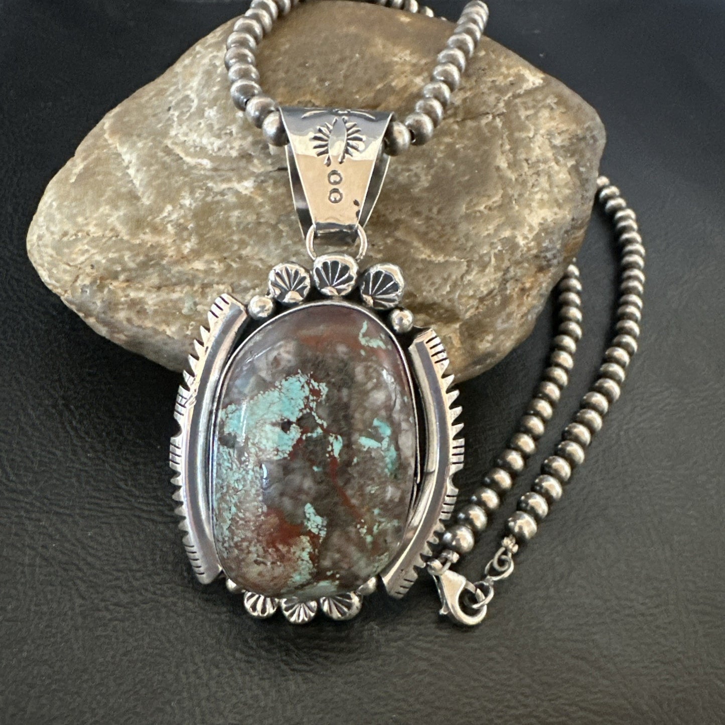 Yazzie Navajo Sterling Silver Blue Rustic Turquoise Necklace Pendant 3" 18997
