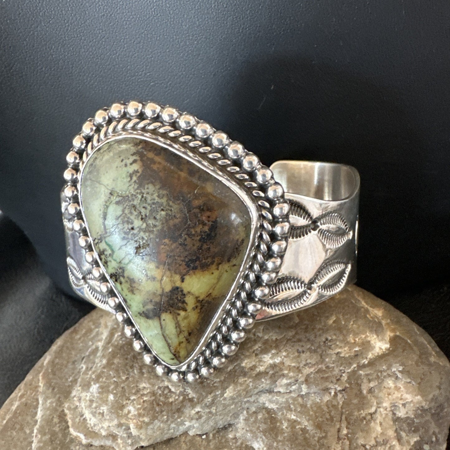 Navajo Green TURQUOISE Stamped Sterling Silver Cuff Bracelet 18876