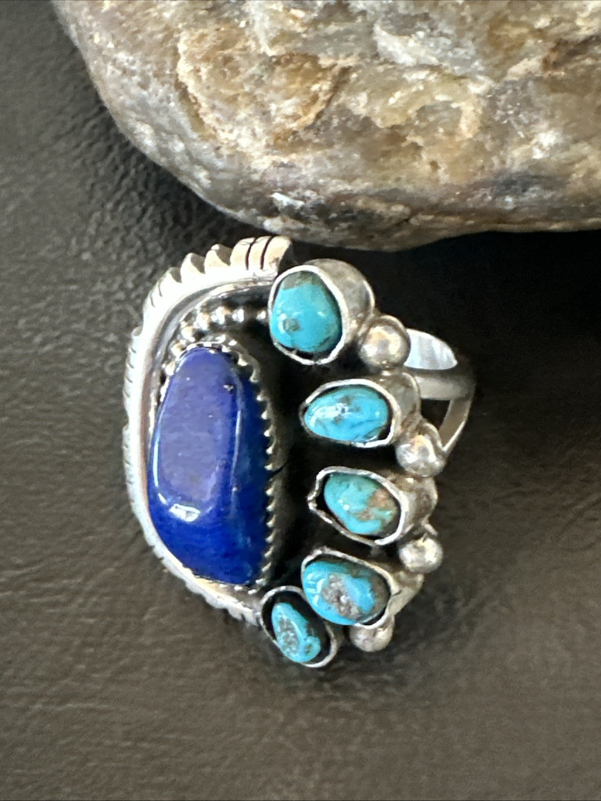 Navajo Cluster Lapis Kingman Turquoise Sterling Silver Ring Sz 9 18885