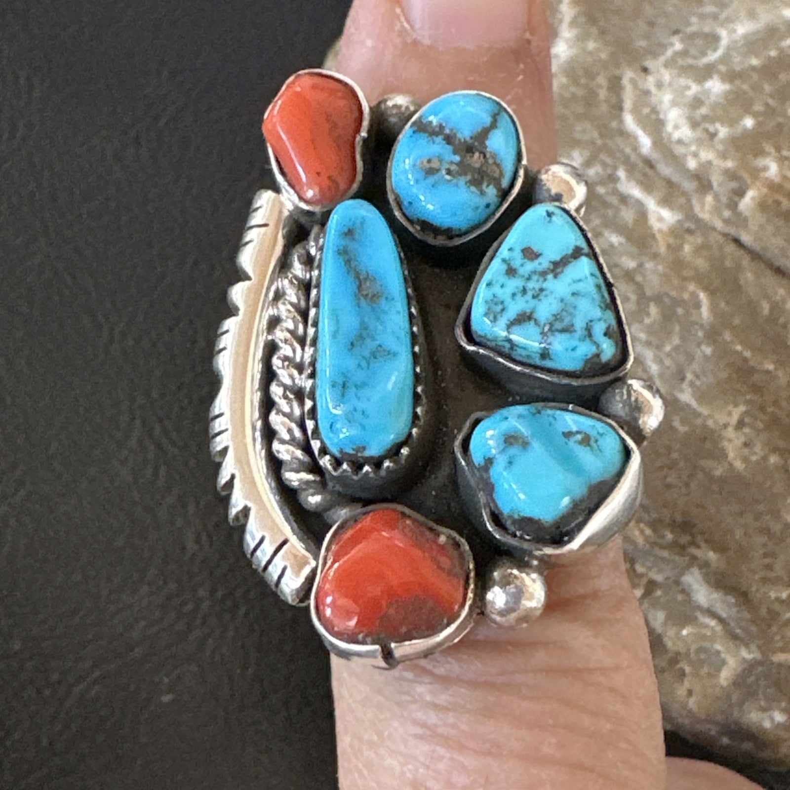 Navajo Cluster Blue Kingman Turquoise Coral Sterling Silver Ring Sz 7 18881