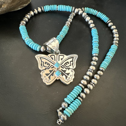 Butterfly Blue Turquoise Pendant Navajo Sterling Silver Necklace 24" 18904