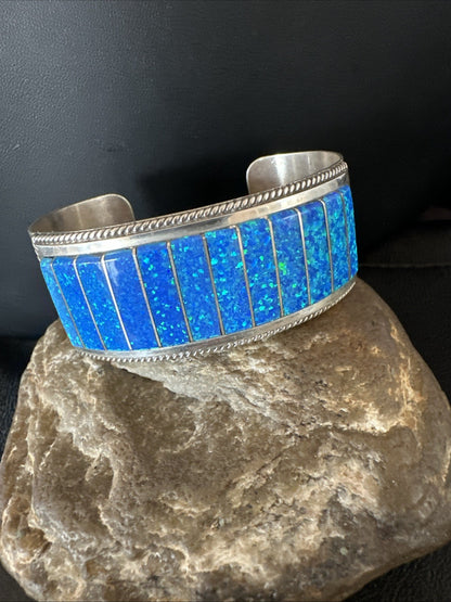 Blue Faux Gilson Fire Opal Navajo Sterling Silver Inlay Bracelet 7.5" 18991