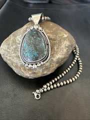 Men Women Navajo Blue Spiderweb Turquoise Necklace Pendant | Sterling Silver | Authentic Native American Handmade | 18965