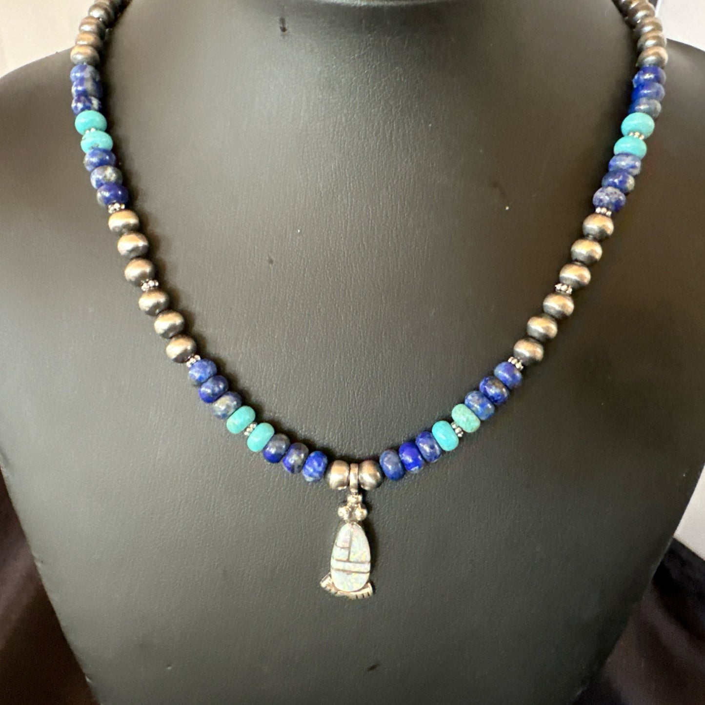 WoMens Opal Inlay Pendant Navajo Sterling Silver Blue Lapis Bead Necklace 18912