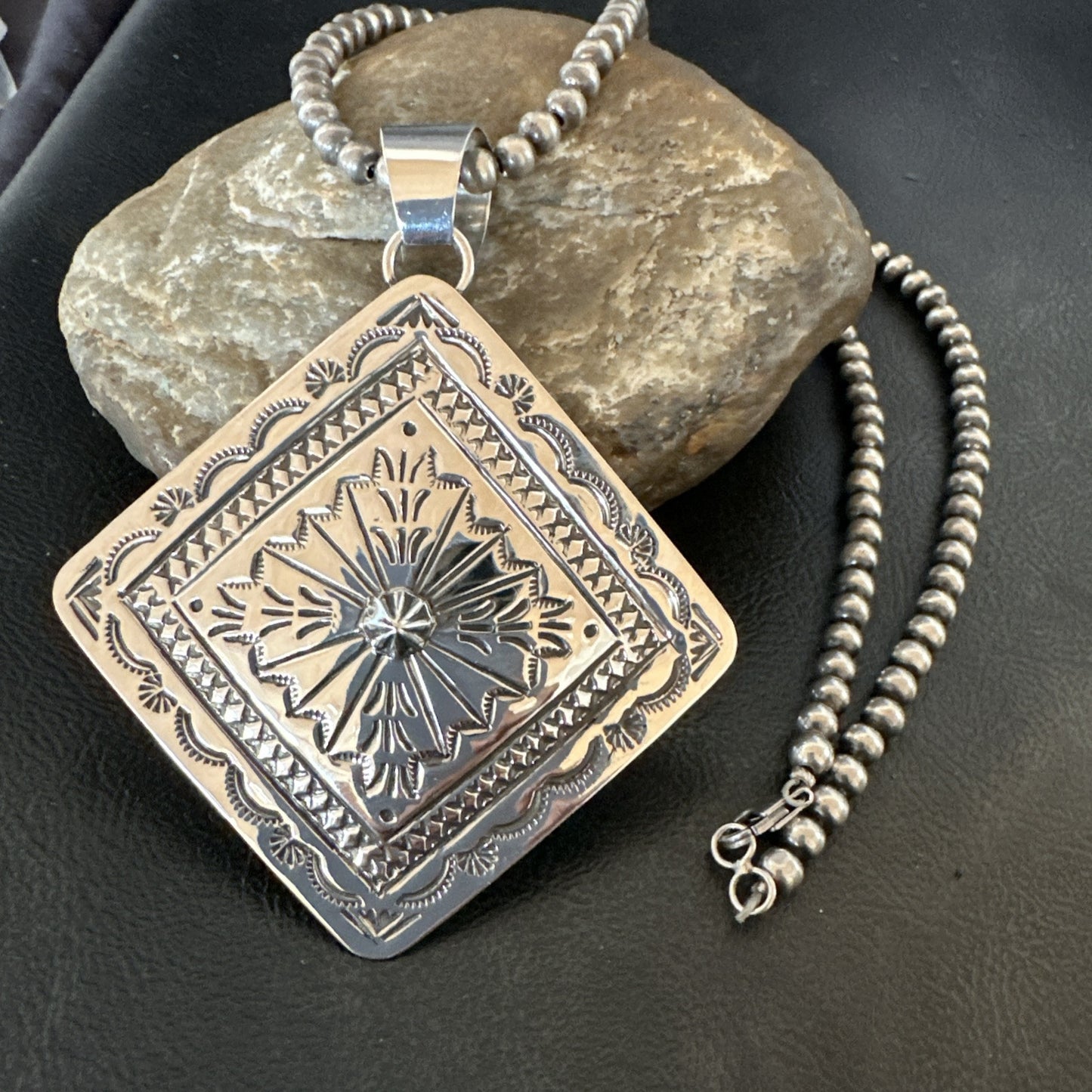 H Joe Handmade Stamped Pendant Navajo Sterling Silver Necklace 3.5" 18980