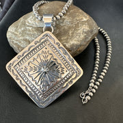 H Joe Handmade Stamped Pendant Navajo Necklace 3.5" | Sterling Silver | Authentic Native American Handmade | 18980