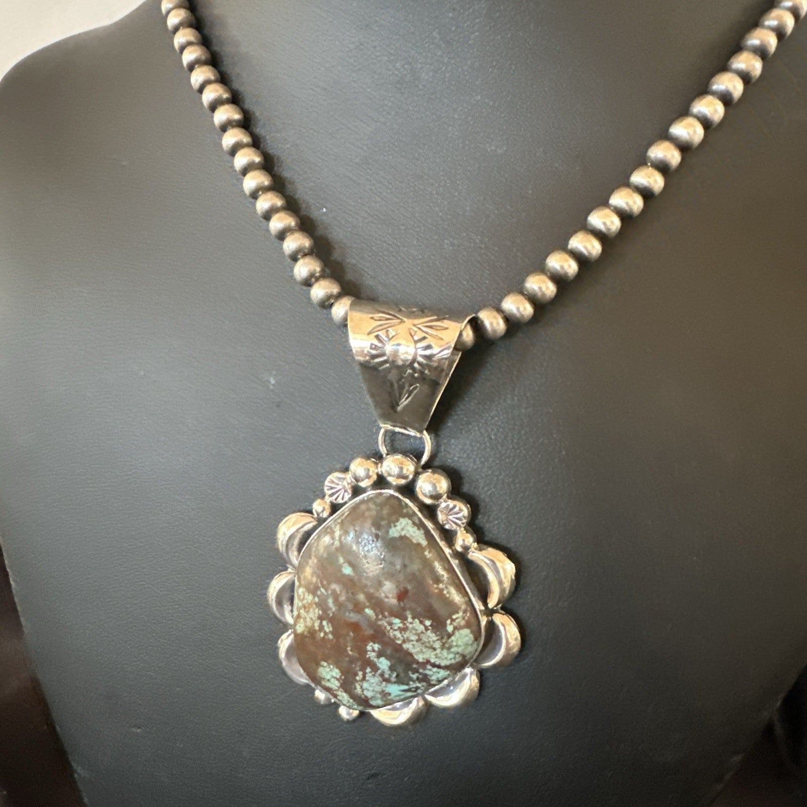 Navajo Sterling Silver Green Rustic Turquoise Necklace Pendant 2.75” 19012