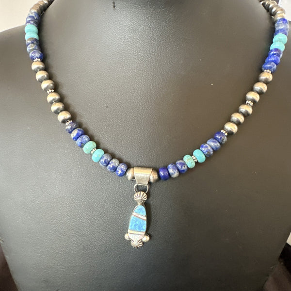 Women's Opal Inlay Pendant Navajo Blue Lapis Bead Necklace | Sterling Silver | Authentic Native American Handmade | 18919