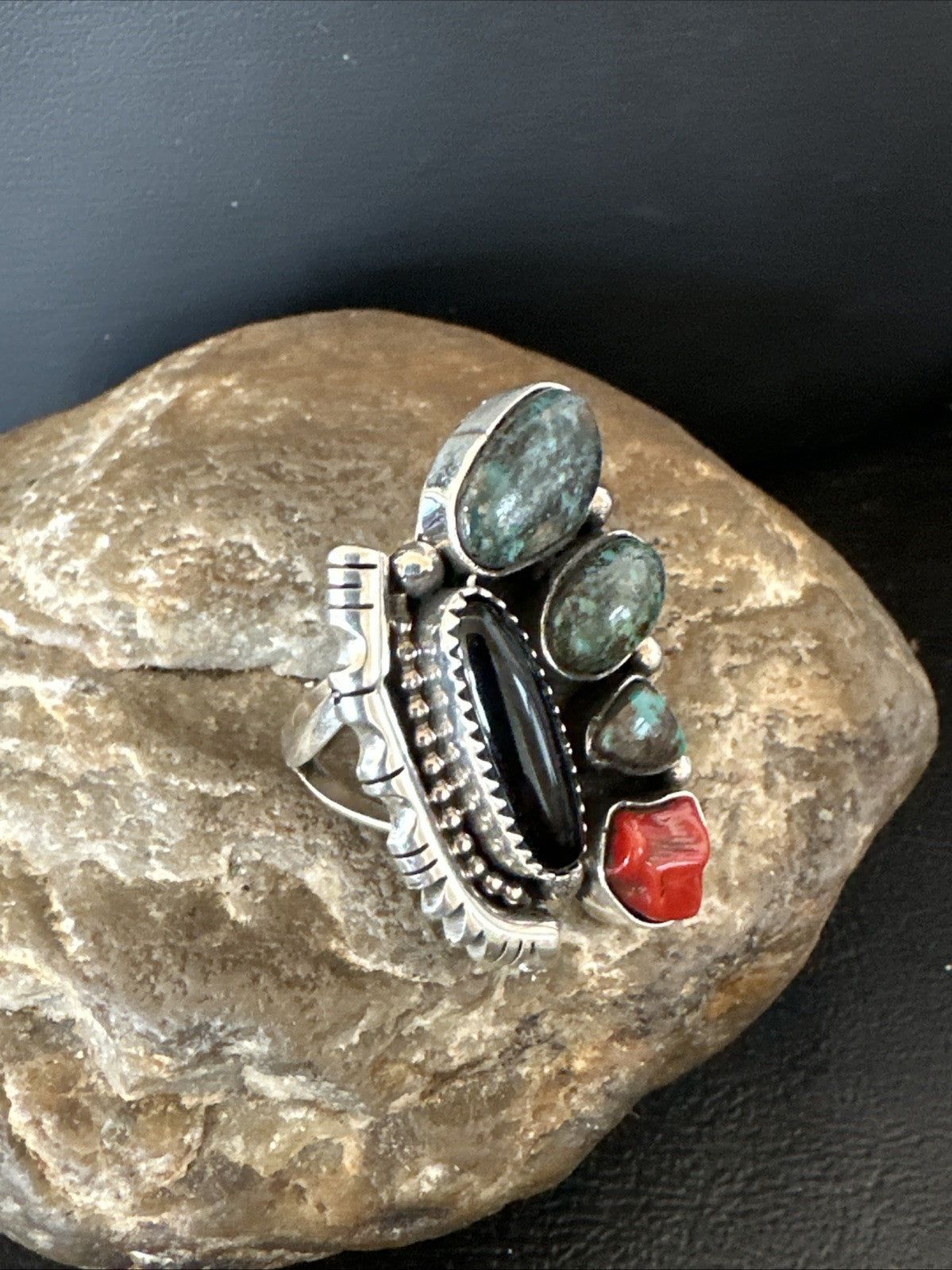 Navajo Cluster Onyx Blue Turquoise Coral Sterling Silver Ring Sz 7.5 18886