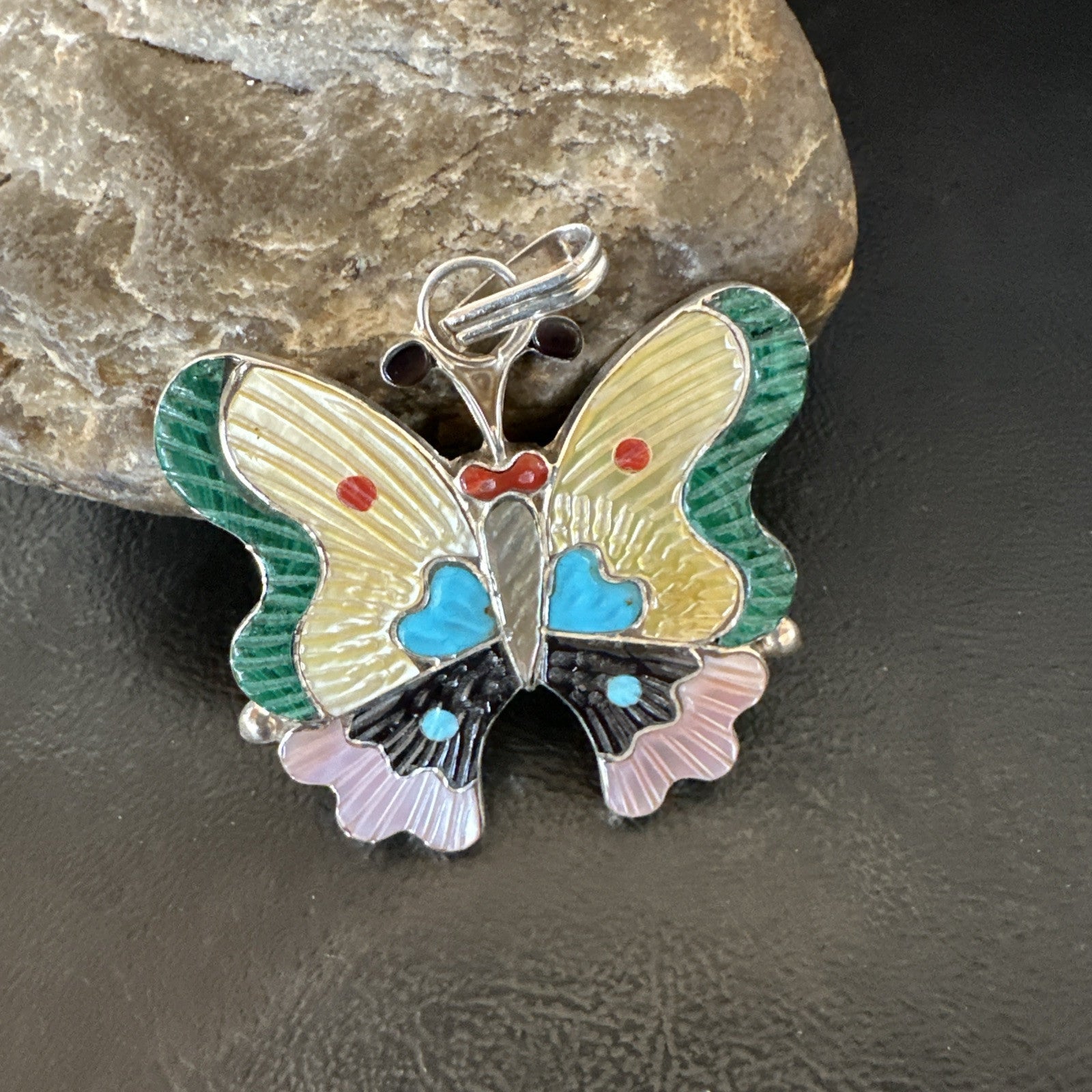 Zuni Turquoise Spiny MOP Onyx Butterfly Sterling Silver Beads Pendant 18903