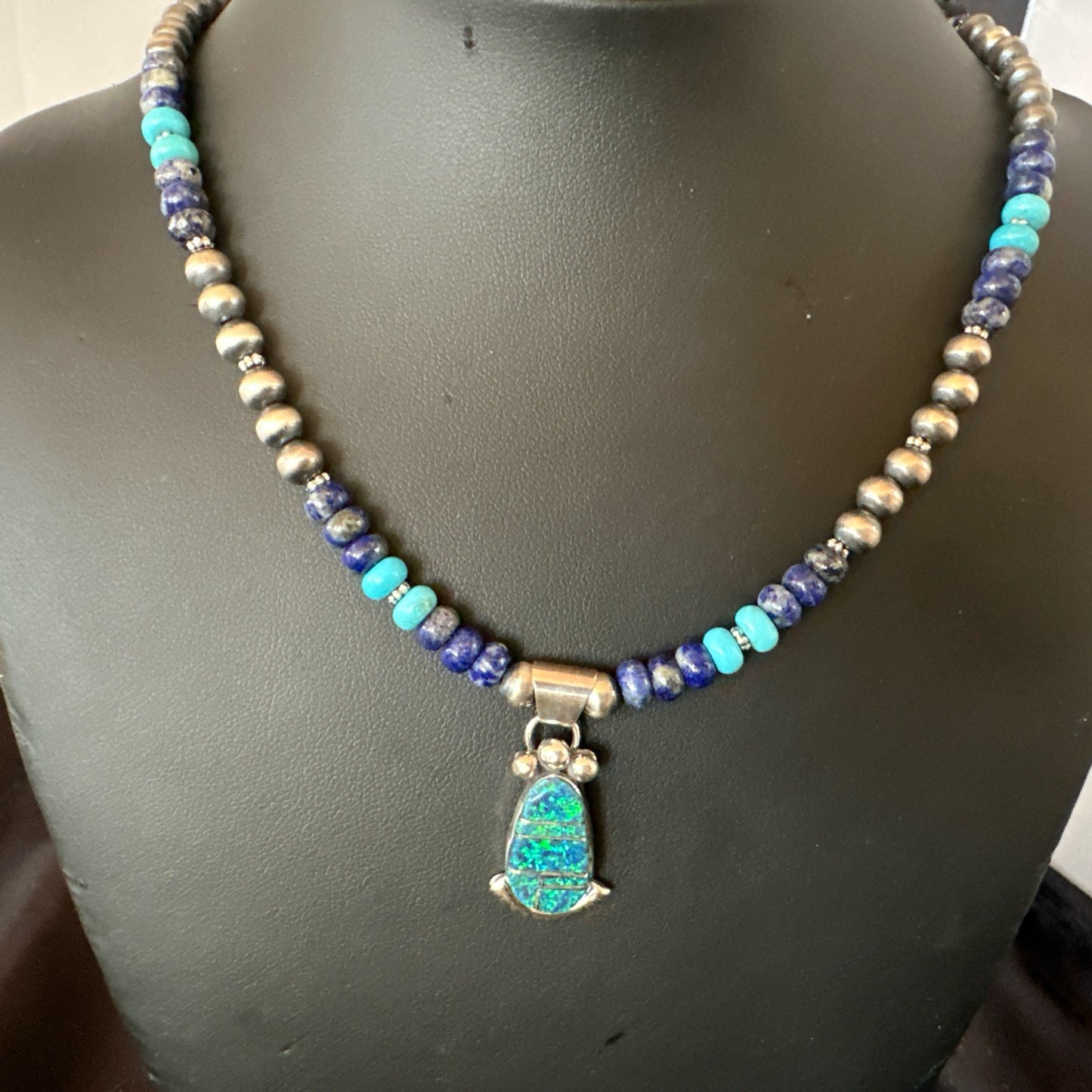 WoMens Opal Inlay Pendant Navajo Sterling Silver Blue Lapis Bead Necklace 18917