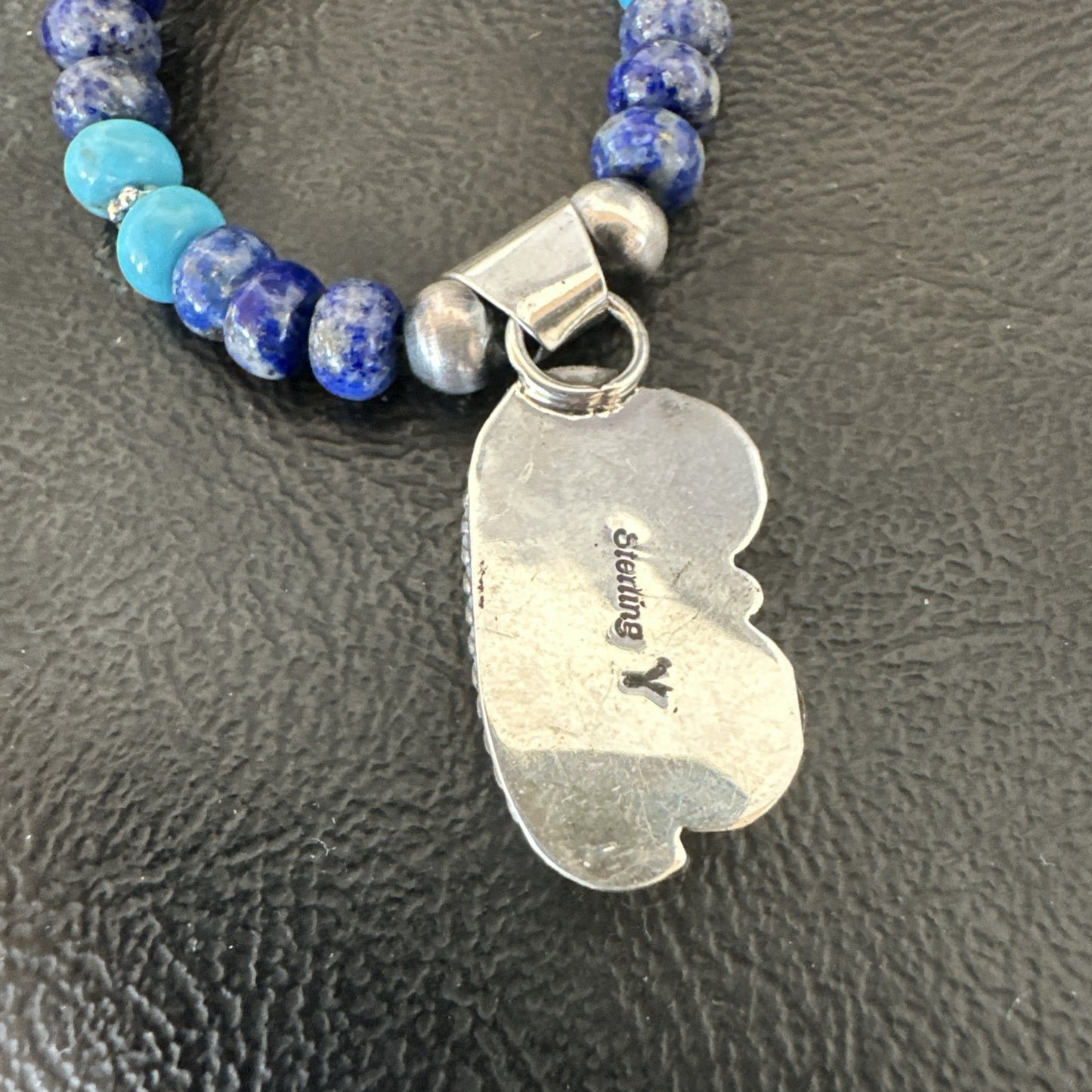 WoMens Opal Inlay Pendant Navajo Sterling Silver Blue Lapis Bead Necklace 18916