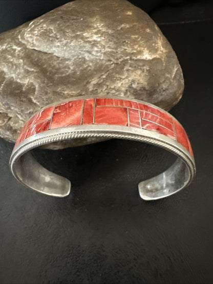 Orange Spiny Oyster Zuni Sterling Silver Cuff Inlay Bracelet 18993
