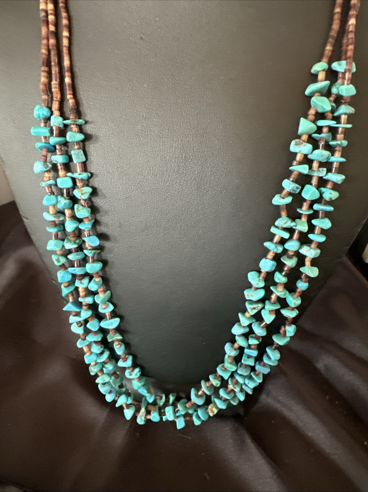 Blue Kingman Turquoise Shell 3 Strand Santo Domingo Necklace 24" 18892