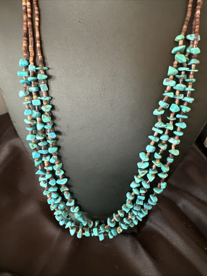 Blue Kingman Turquoise Shell 3 Strand Santo Domingo Necklace 24" 18892