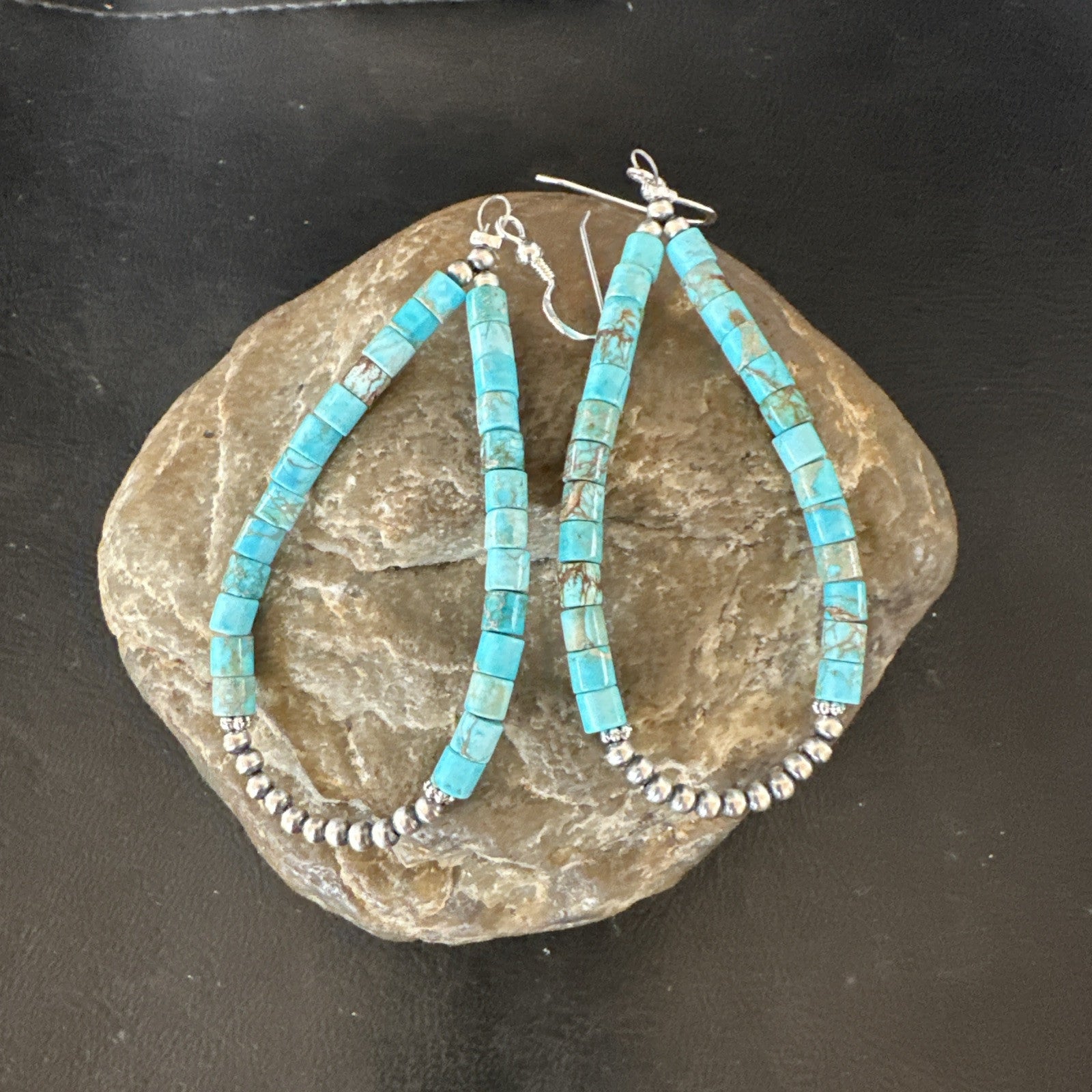 Blue Turquoise Heishi Navajo Sterling Silver Beads Earrings 2.5” 18953