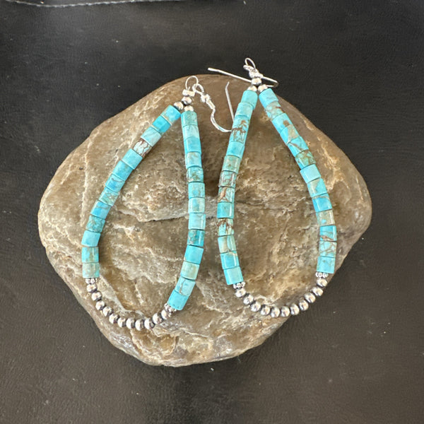 Blue Turquoise Heishi Navajo Beads Earrings 2.5" | Sterling Silver | Authentic Native American Handmade | 18953