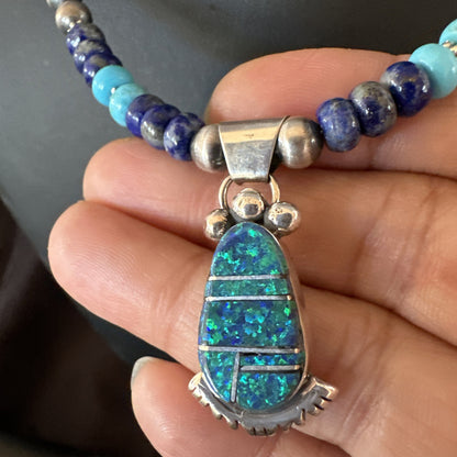 WoMens Opal Inlay Pendant Navajo Sterling Silver Blue Lapis Bead Necklace 18917