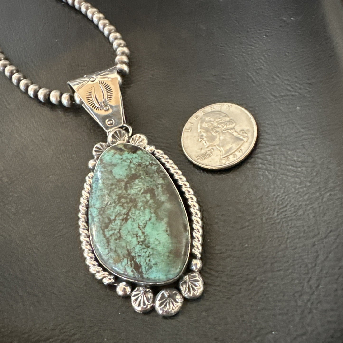 Navajo Sterling Silver Green Rustic Turquoise Necklace Pendant 2.75” 19010