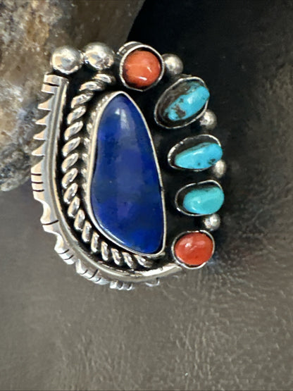 Navajo Cluster Lapis Kingman Turquoise Coral Sterling Silver Ring Sz 8 18882