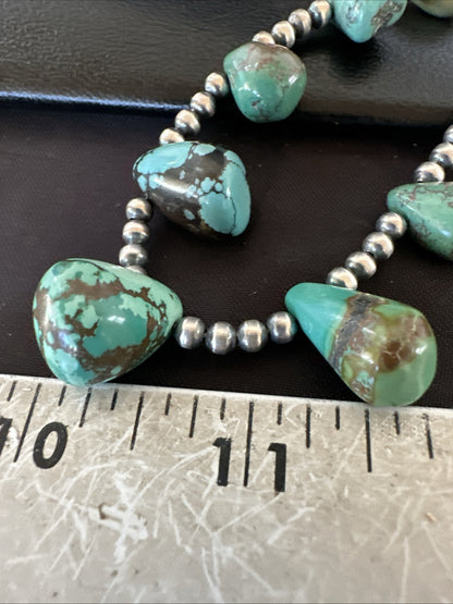 Green Turquoise Teardrop Sterling Silver Beads Necklace 20" 18985