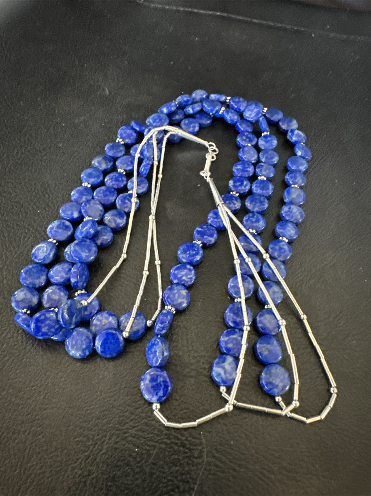 Blue Lapis Heishi 8mm Bead Liquid Sterling Silver 3 Strand Necklace 19" 18961