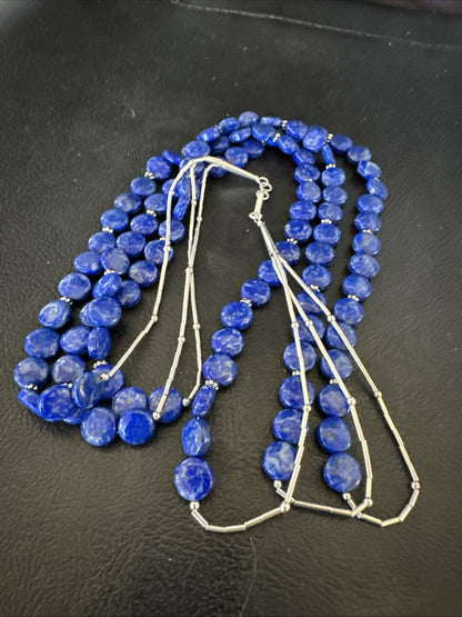 Blue Lapis Heishi 8mm Bead Liquid Sterling Silver 3 Strand Necklace 19" 18961