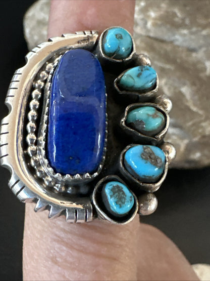 Navajo Cluster Lapis Kingman Turquoise Sterling Silver Ring Sz 9 18885
