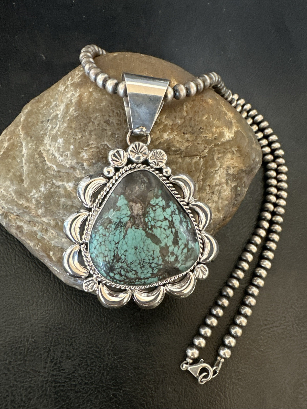 Yazzie Navajo Sterling Silver Blue Spiderweb Turquoise Necklace Pendant 18966