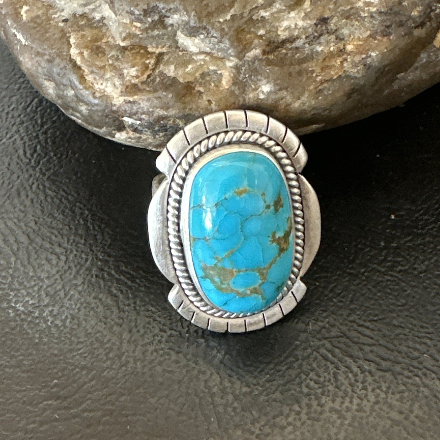 Navajo Sterling Silver Blue Kingman Turquoise Adjustable Ring Size 7 19005