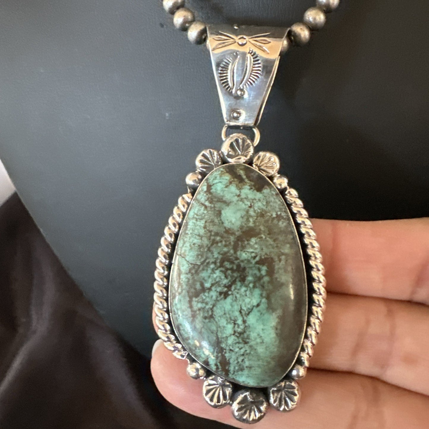 Navajo Sterling Silver Green Rustic Turquoise Necklace Pendant 2.75” 19010