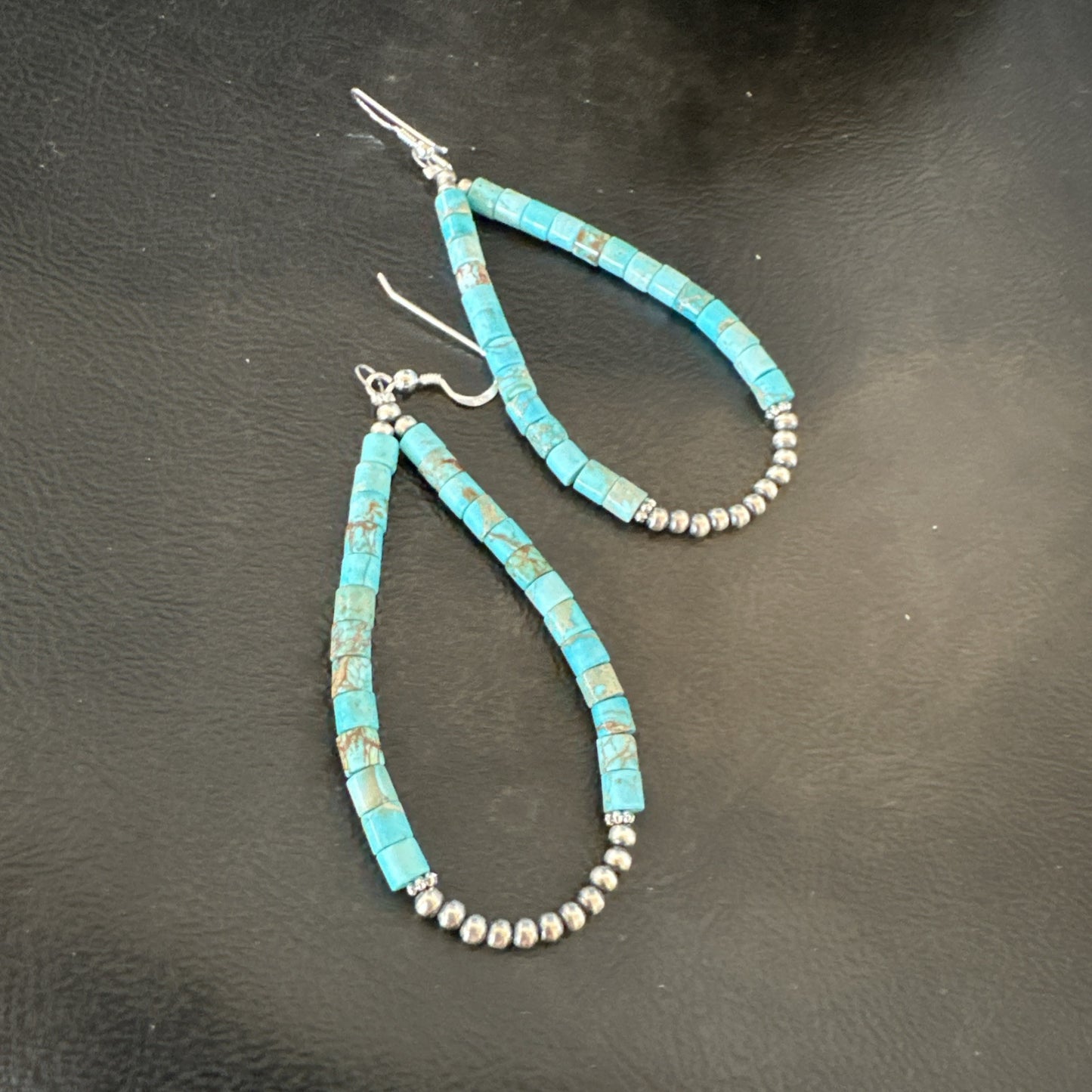 Blue Turquoise Heishi Navajo Sterling Silver Beads Earrings 2.5” 18953
