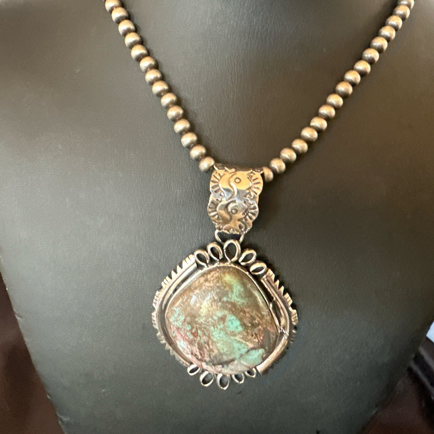 Yazzie Navajo Sterling Silver Blue Rustic Turquoise Necklace Pendant 2.75” 18998