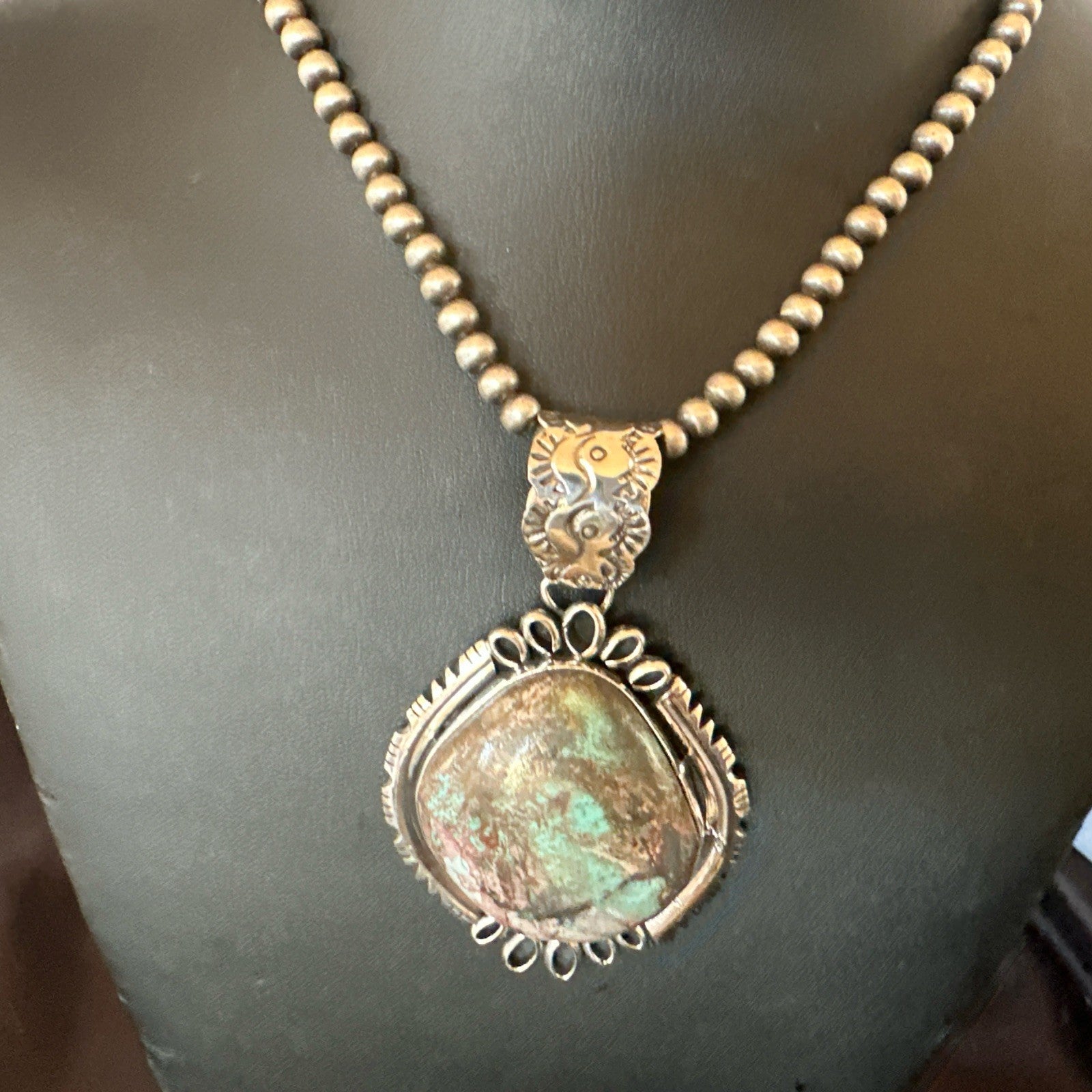 Yazzie Navajo Sterling Silver Blue Rustic Turquoise Necklace Pendant 2.75” 18998