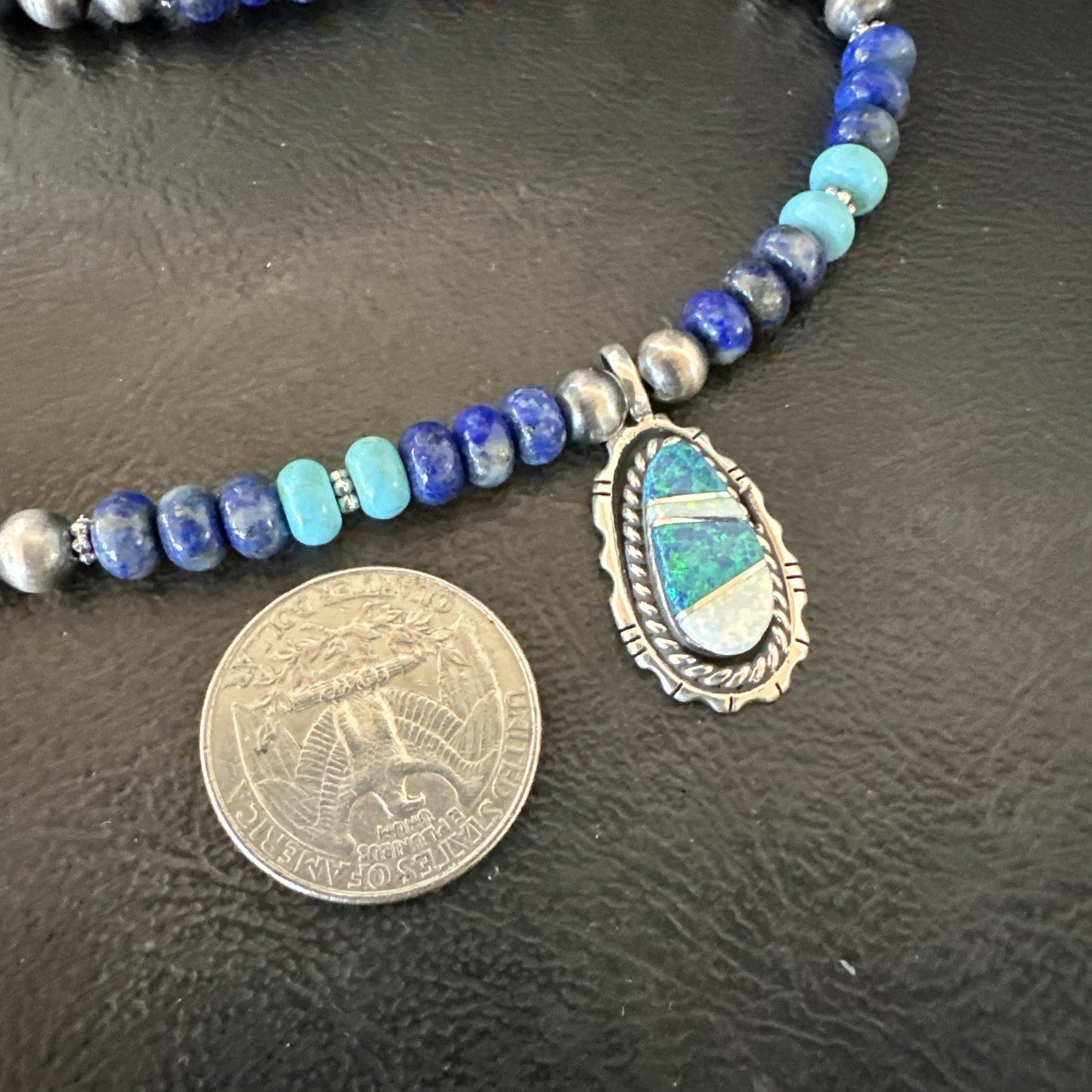 WoMens Opal Inlay Pendant Navajo Sterling Silver Blue Lapis Bead Necklace 18915