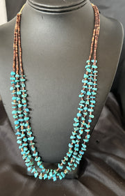 Blue Kingman Turquoise Shell 3 Strand Santo Domingo Necklace 24" | Authentic Native American Handmade | 18892