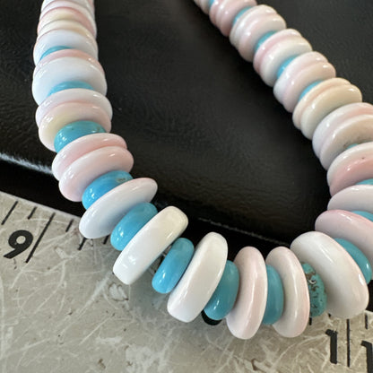 Pink Queen Conch Turquoise Graduated Navajo Sterling Silver Necklace 18944