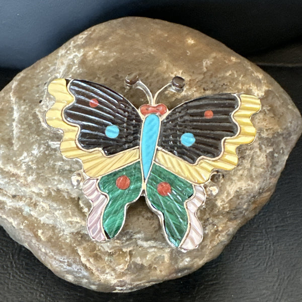 Multicolor Turquoise MOP Onyx Butterfly Zuni Pin Pendant | Sterling Silver | Authentic Native American Handmade | 18901