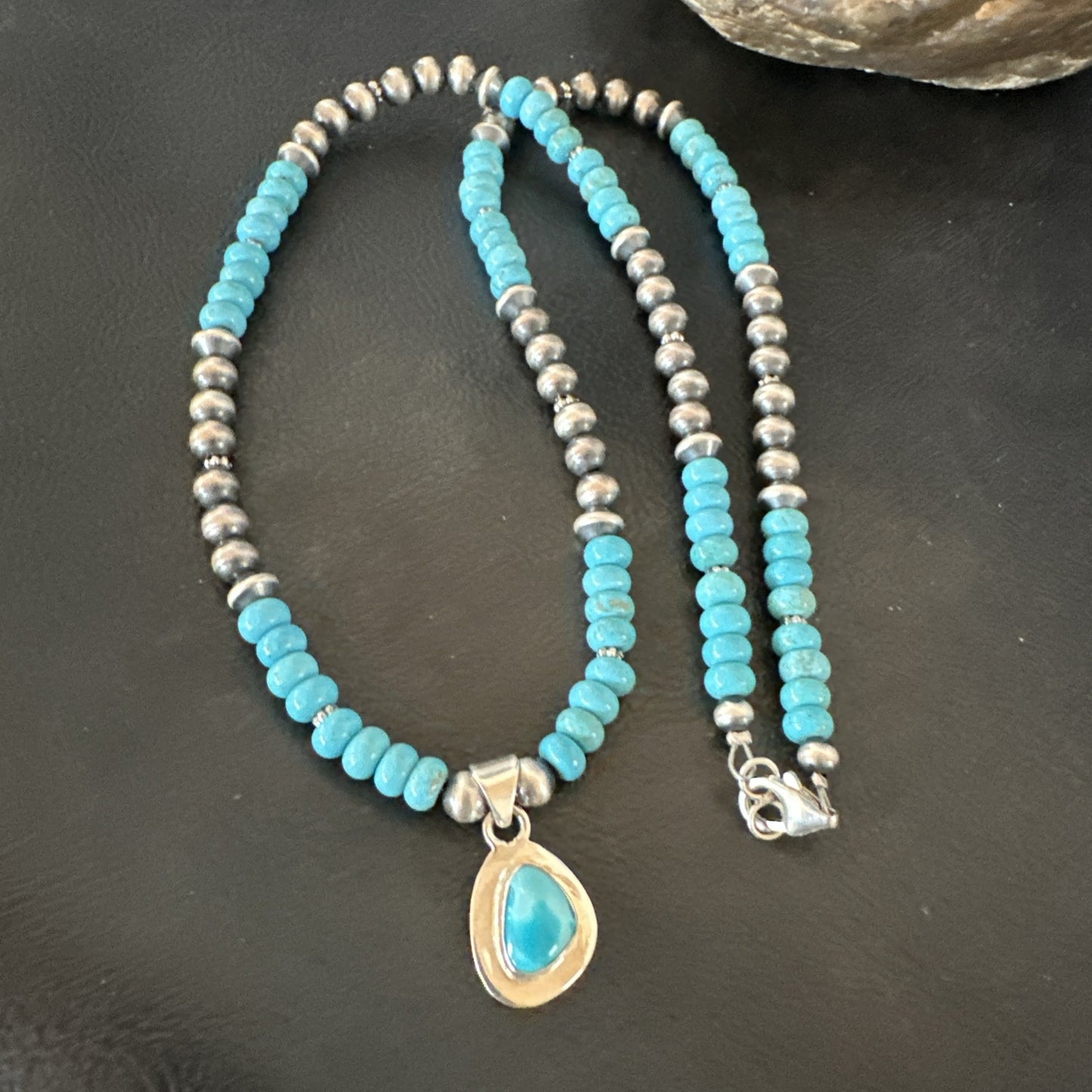 WoMens Blue Kingman Turquoise Pendant Navajo Sterling Silver Necklace 21" 18936