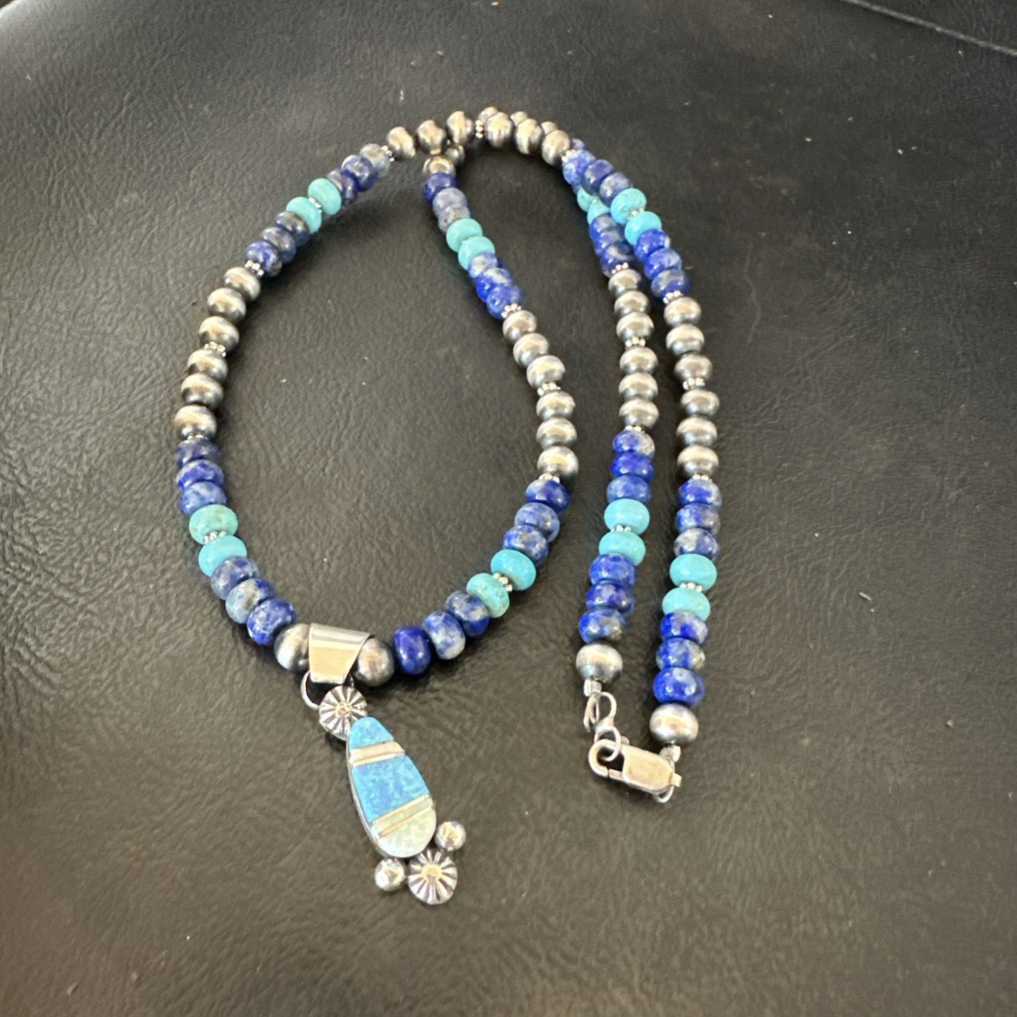 WoMens Opal Inlay Pendant Navajo Sterling Silver Blue Lapis Bead Necklace 18919